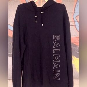 Balmain Rich Black Thick Hoodie Sweatshirt with Logo. Sz Large